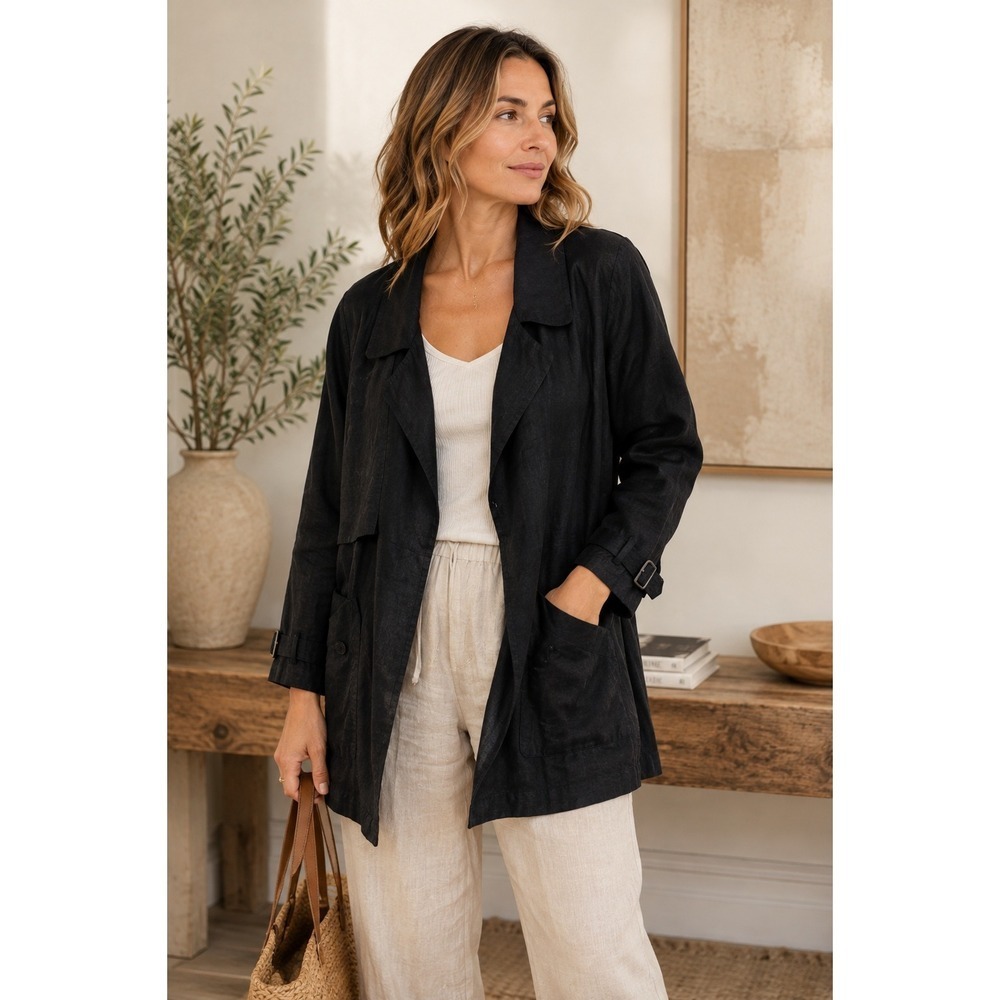 Crown Linen Designs 100% Linen Jacket XS Black Lagenlook Oversized Duster